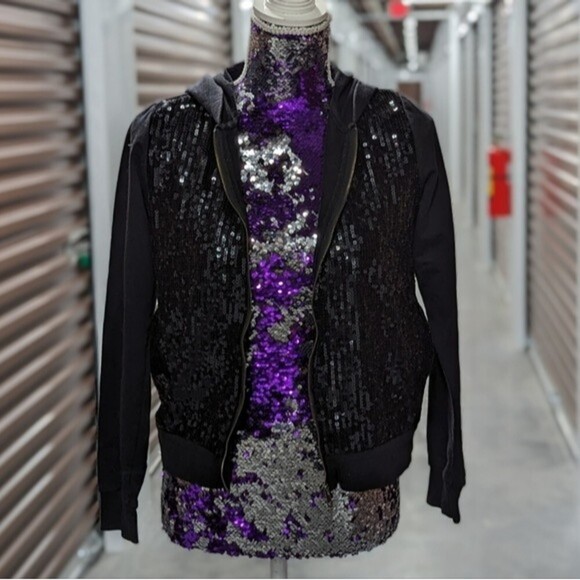 Forever 21 Black Sequins Front Zip Up Hoodie Sweater Jacket - Picture 2 of 10